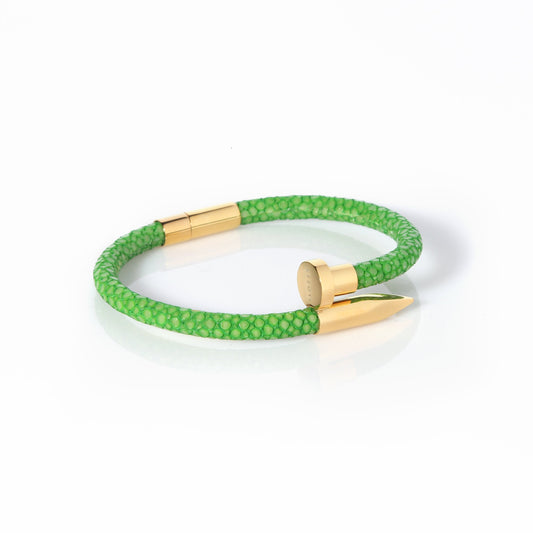Ares Genuine Stingray Leather Nail Bracelet - Lime Green/Gold - EZZOTI