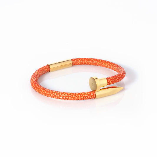 Ares Genuine Stingray Leather Nail Bracelet - Orange/Gold - EZZOTI