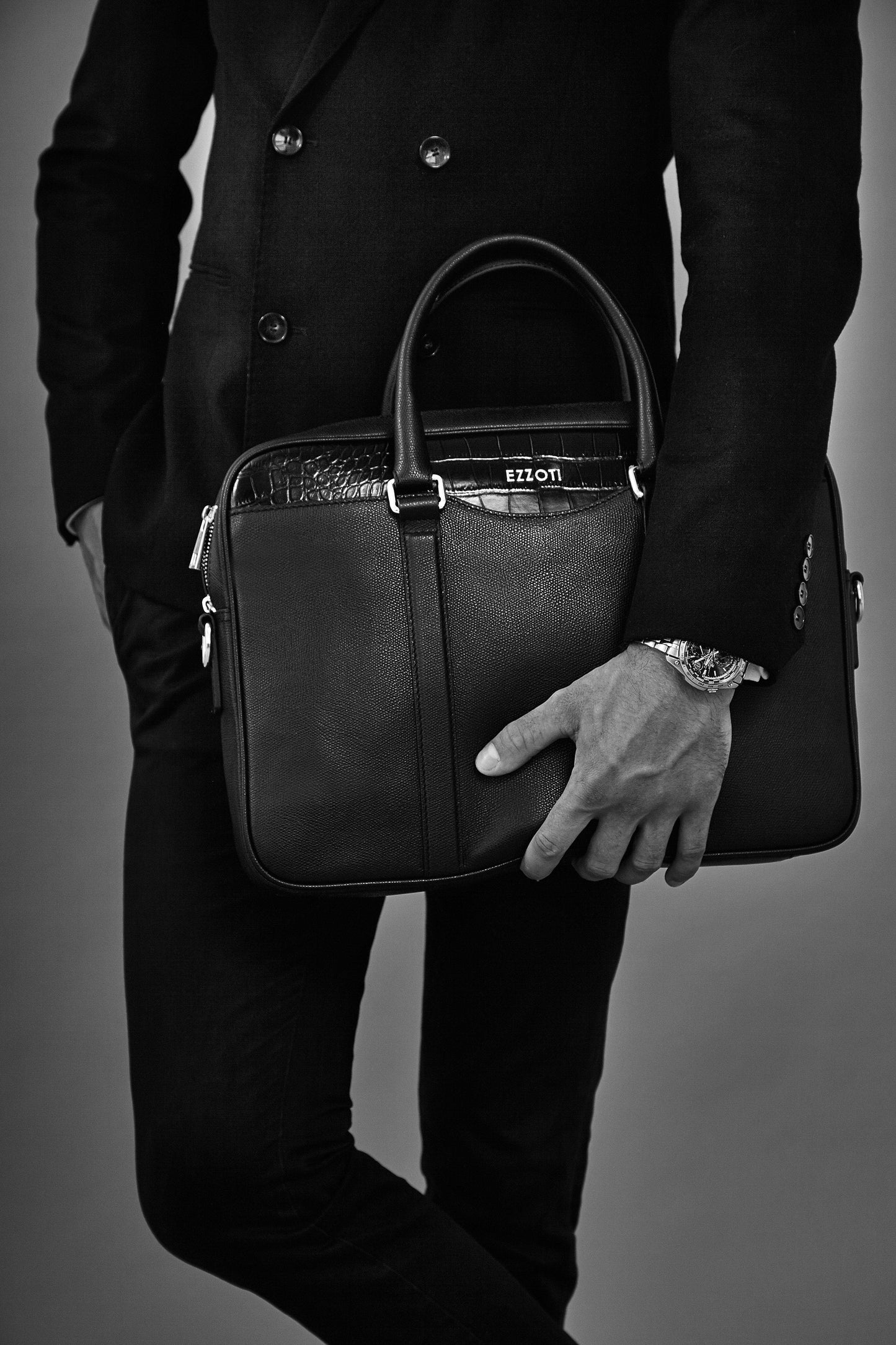 Milan Soft Grain and Crocodile Embossed Leather Briefcase - EZZOTI