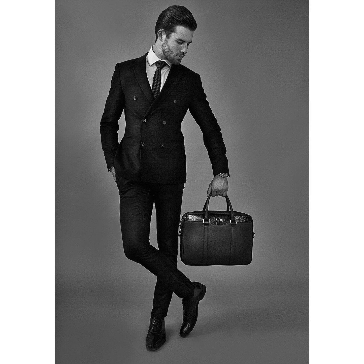 Milan Soft Grain and Crocodile Embossed Leather Briefcase - EZZOTI