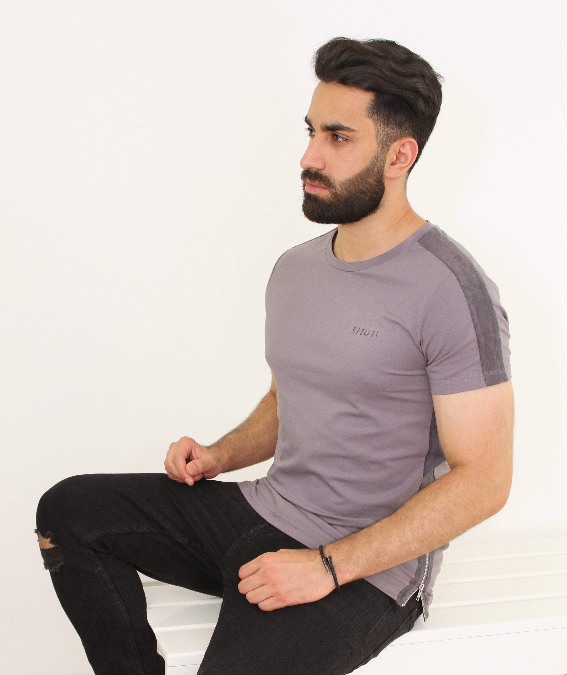 EZZOTI Suede Stripe Cotton Side Zip T-Shirt - Grey