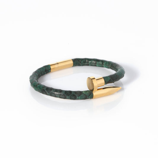 Ares Genuine Python Leather Nail Bracelet - Army Green/Gold - EZZOTI