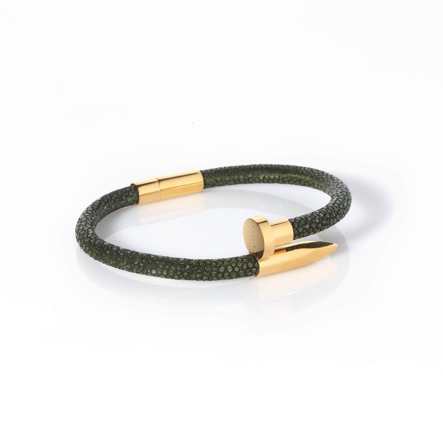 Ares Genuine Stingray Leather Nail Bracelet - Army Green/Gold - EZZOTI