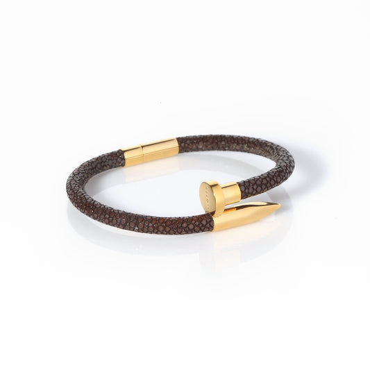 Ares Genuine Stingray Leather Nail Bracelet - Burgundy/Gold - EZZOTI