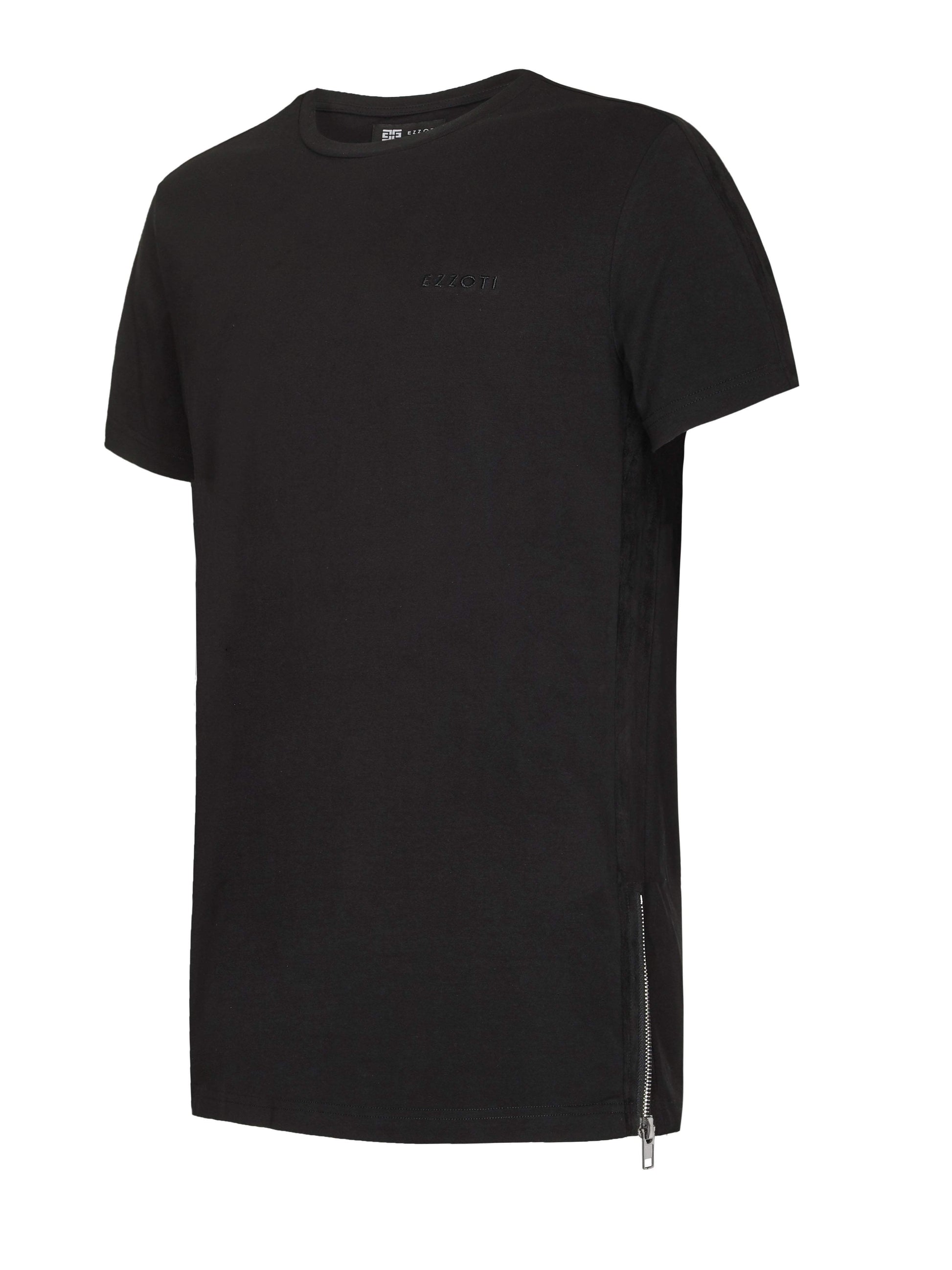 EZZOTI Suede Stripe Cotton Side Zip T-Shirt - Black