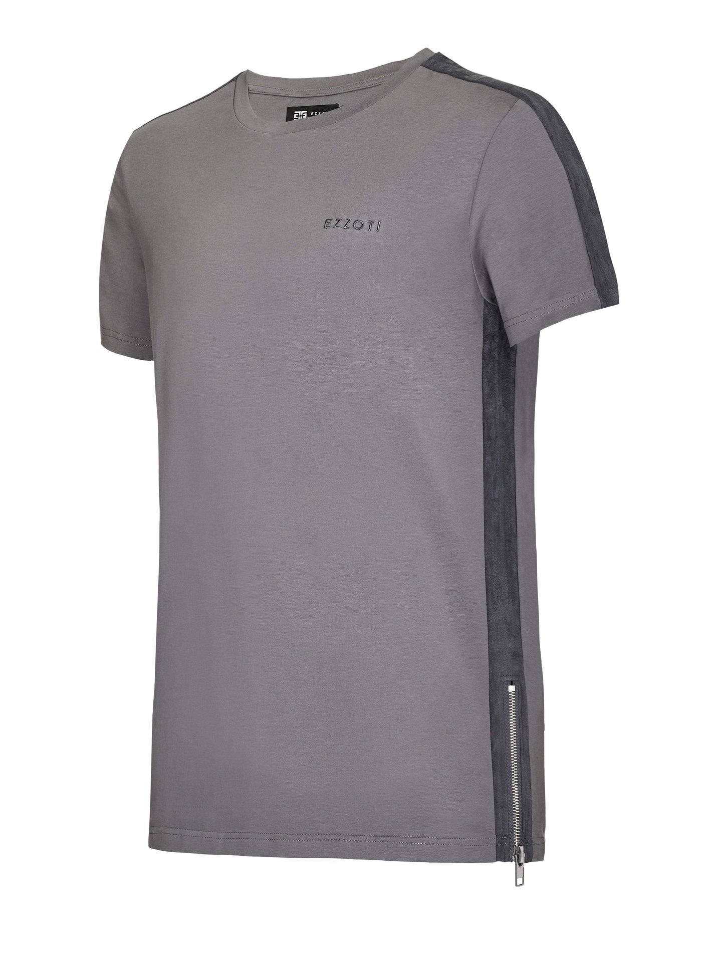 EZZOTI Suede Stripe Cotton Side Zip T-Shirt - Grey