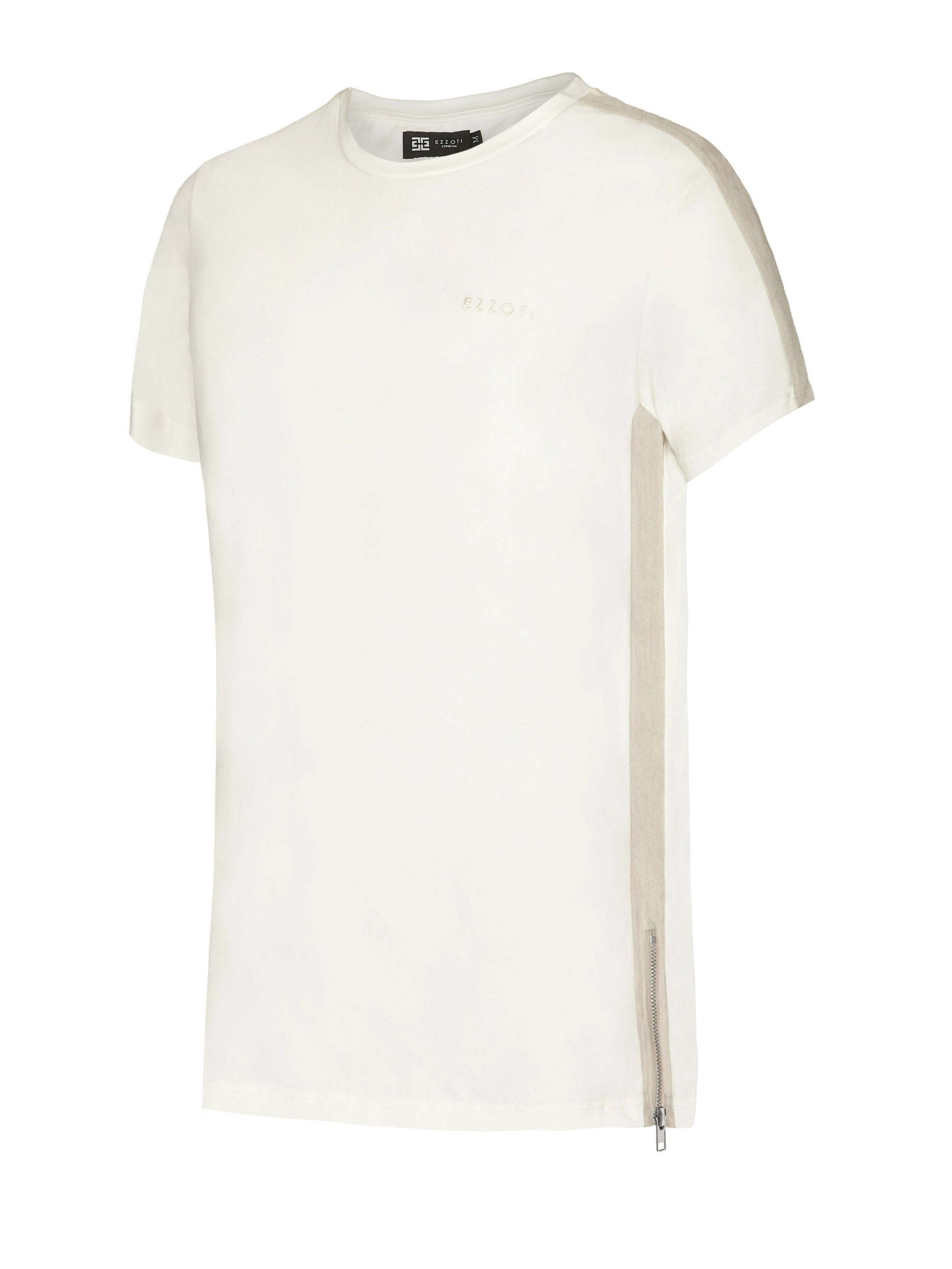 EZZOTI Suede Stripe Cotton Side Zip T-Shirt - Off White
