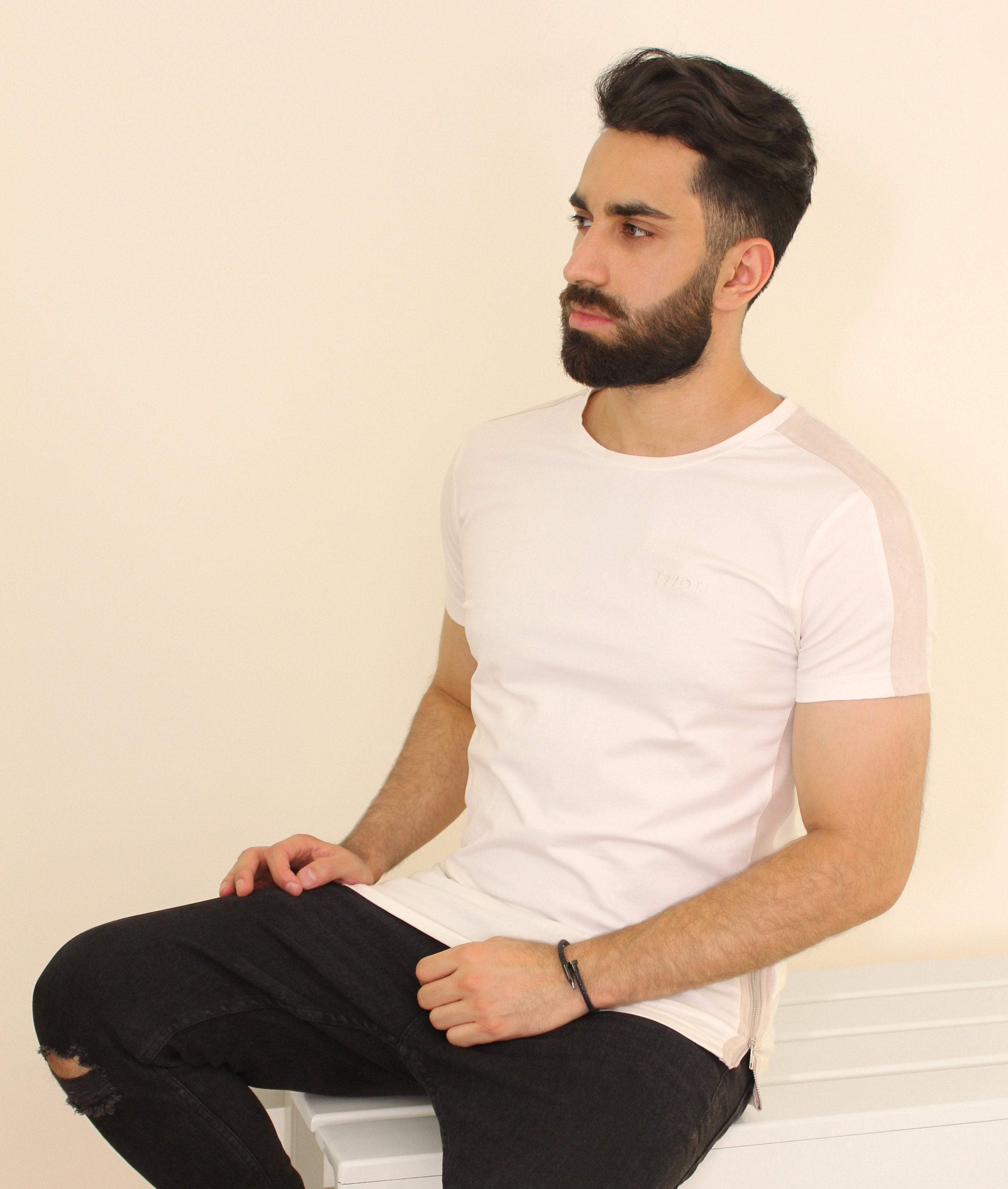 EZZOTI Suede Stripe Cotton Side Zip T-Shirt - Off White